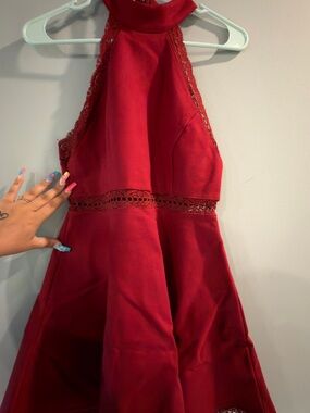 Lulu's Burgundy Halter Lace-Trim Prom Dress